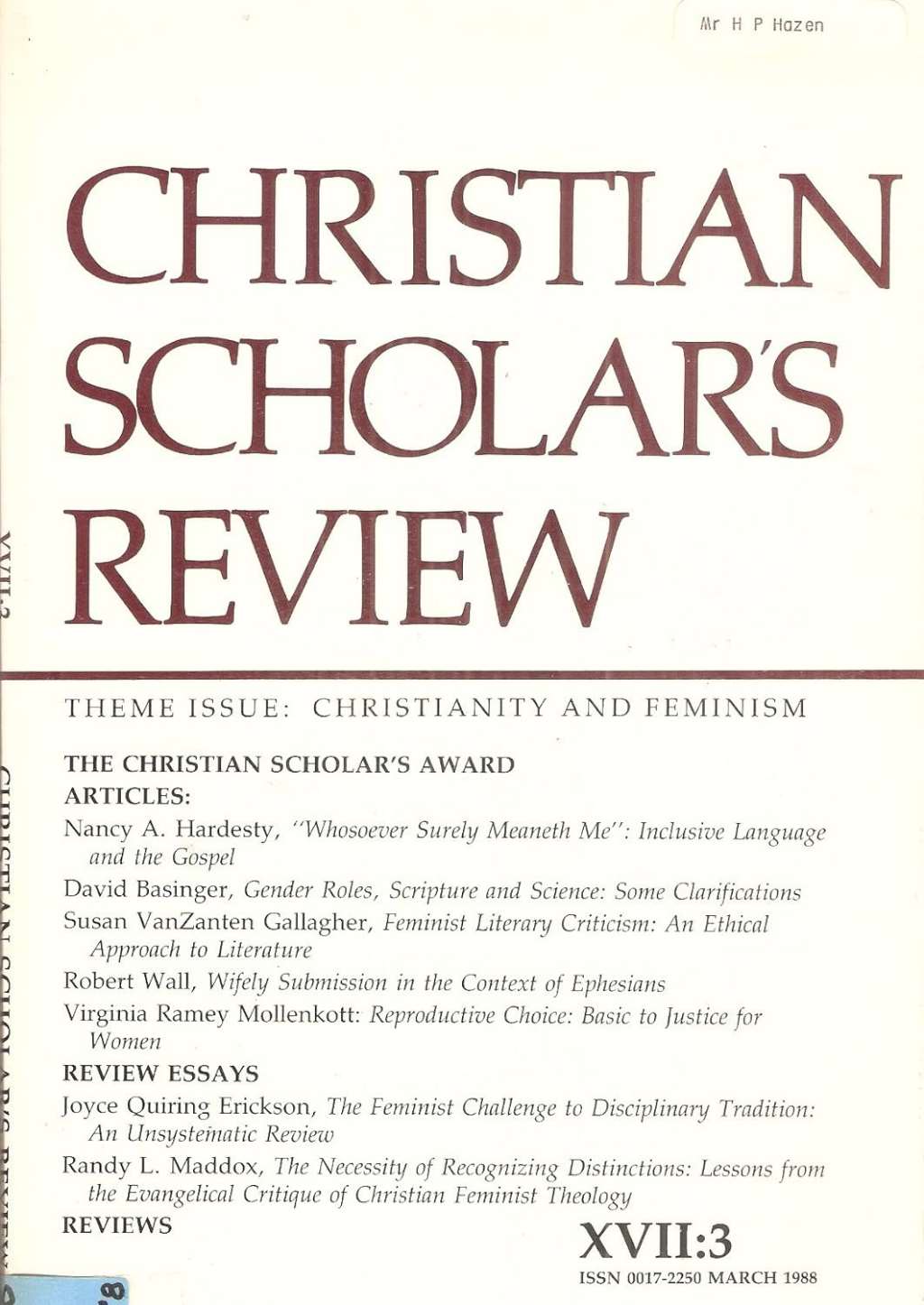 Christian Scholar's Review, Vol. 17, No. 3 (March 1988)