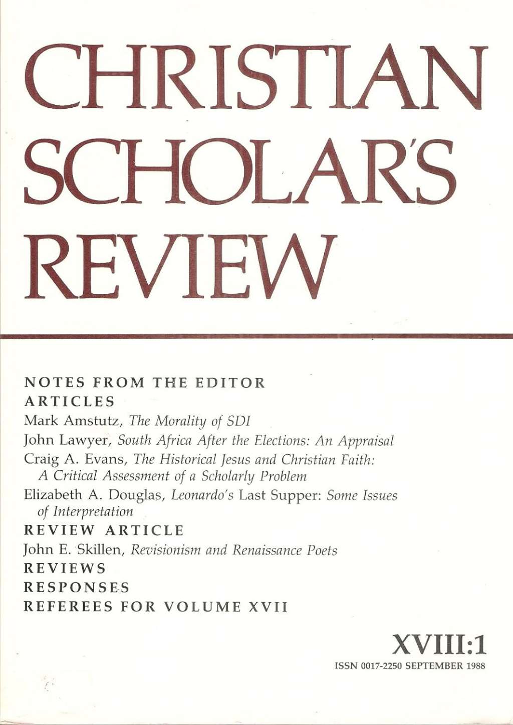 Christian Scholar's Review, Vol. 18, No. 1 (Sept. 1988)