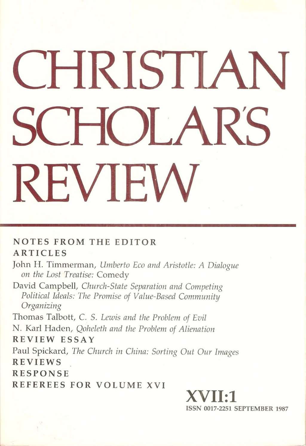 Christian Scholar's Review, Vol. 17, No. 1 (Sept. 1987)